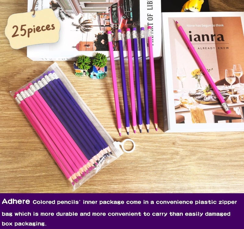 Adhere 25pcs Checking Pencils Erasable colored Pencils Pre-Sharpened #2 HB,for Checking Tests Grading,Map Coloring, editing Office Favors,including a Free sharpener. (Pink 13pcs + Purple 12pcs) - Image 4